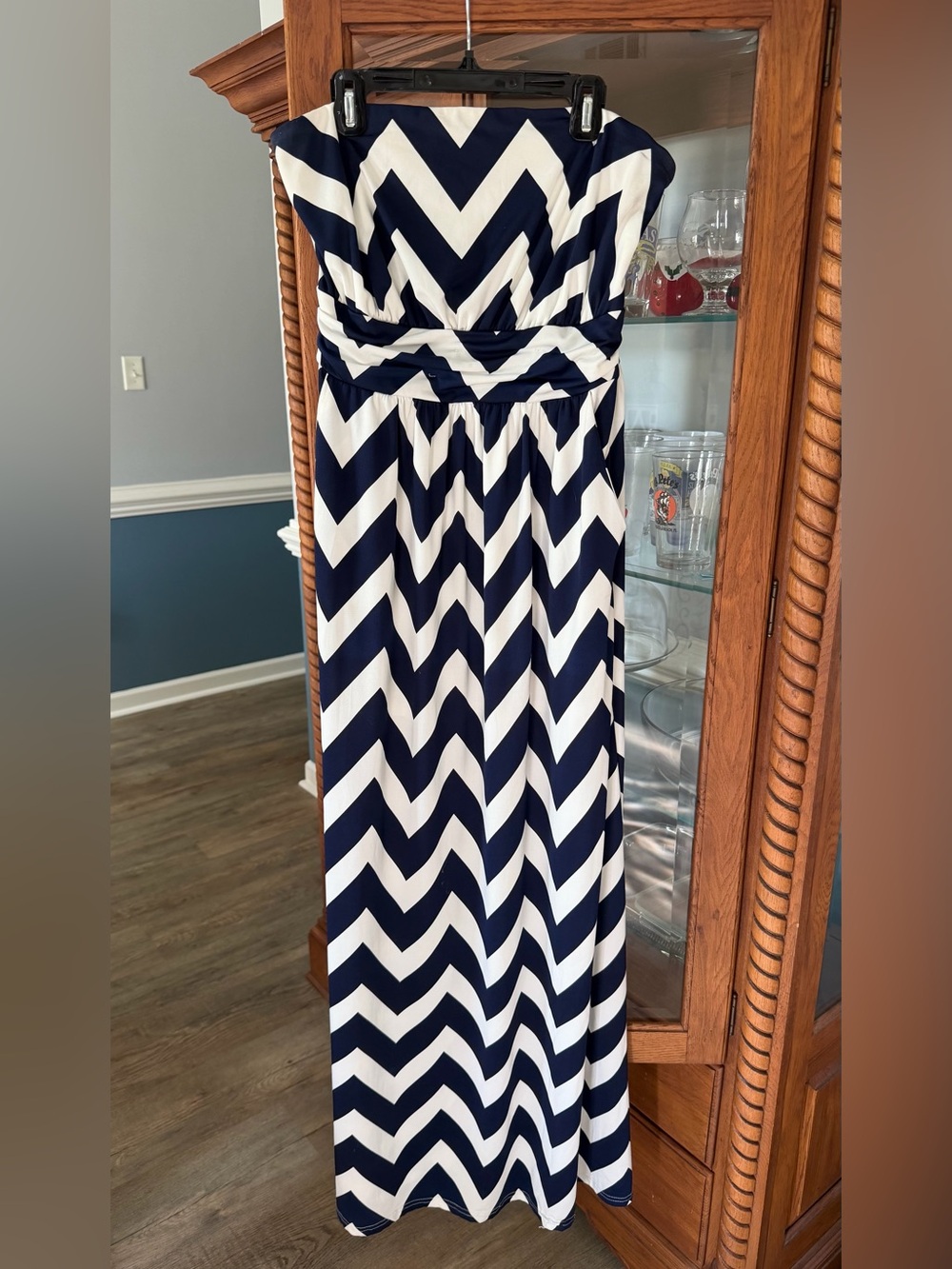 Gorgeous Navy and White Chevron Strapless Maxi Dress